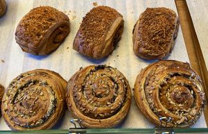Savoury croissants with seitan/‘cheese' (good with mild flavour) and with ‘cheese’/olives (good with nice olive flavour) at Loaf Sourdough Bakery in Utrecht