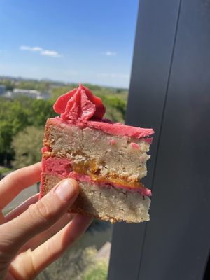 thyme x peach x raspberry cake. very delish  at Loaf Sourdough Bakery in Utrecht