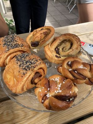 pesto bun, seitan cheese, cinnamon bun  at Loaf Sourdough Bakery in Utrecht