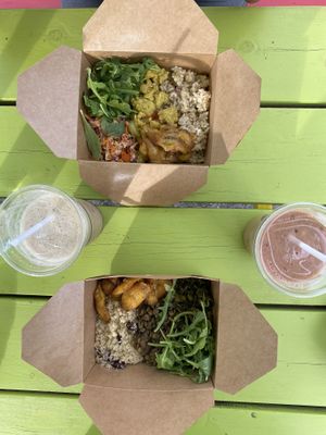 Top Bowl: The Don, Bottom Bowl: Top Shotta, Left smoothie: Soursop, Right Smoothie: The Princess.  at Irie Green in Gloucester