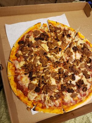 Meatlovers pizza. OMG so good. I just recently transitioned to Vegan. at Freakin' Vegan - Take Out & Delivery in Ridgewood