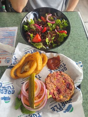 Berry salad, onion rings, and chickpea burger at Great Turtle Brewery and Distillery in Mackinac Island