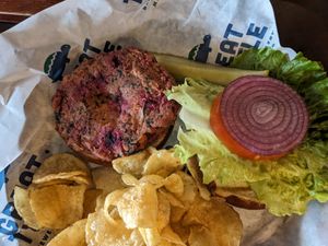 Roasted Beet Chickpea Burger at Great Turtle Brewery and Distillery in Mackinac Island