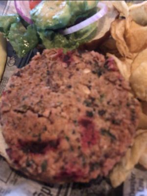 Roasted Beet Chickpea Burger. Served with Chips & Pickle. I added Avocado for an extra cost! at Great Turtle Brewery and Distillery in Mackinac Island
