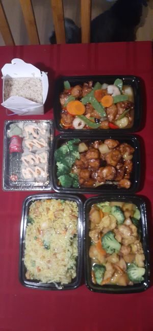 Spicy California, sweet and sour chick, orange beef w pineapple, curry fried rice, curry supreme at The Vegetable Garden in Silver Spring