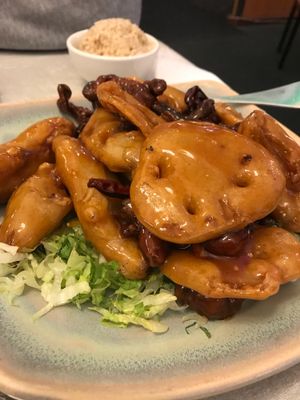 Three treasure. Lotus root, eggplant and crispy black mushrooms  at The Vegetable Garden in Silver Spring