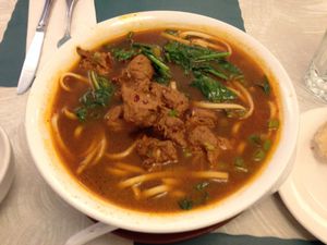 Beef  (seitan) noodle soup made at The Vegetable Garden in Silver Spring
