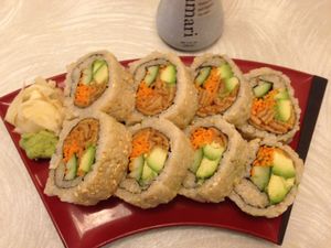 Fat Futomaki sushi with ginger and wasabi at The Vegetable Garden in Silver Spring