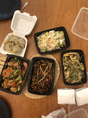 Steamed dumplings, pineapple fried rice, hunan veggie chicken, crispy beef, and udon noodles with veggies at The Vegetable Garden in Silver Spring