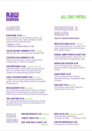 Raw Energy Menu - Lunch, Burgers and Wraps, Kids at Claire's Wholesome Kitchen in Springfield Central