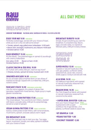 Raw Energy Menu -  Breakfast, Energy Bowls at Claire's Wholesome Kitchen in Springfield Central