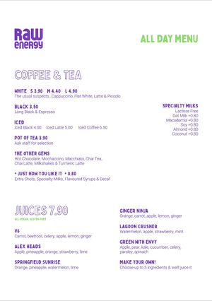Raw Energy Menu - Coffe and Tea, Juices at Claire's Wholesome Kitchen in Springfield Central