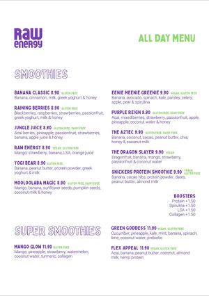 Raw Energy Menu - Smoothies and Super Smoothies at Claire's Wholesome Kitchen in Springfield Central