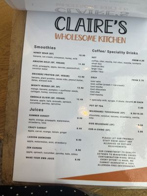 Drinks and kids menu  at Claire's Wholesome Kitchen in Springfield Central