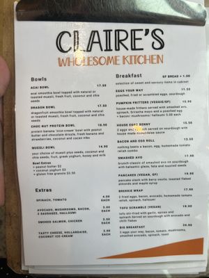 Breakfast and bowls menu  at Claire's Wholesome Kitchen in Springfield Central