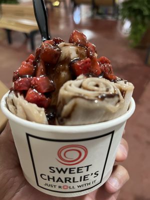 Vegan Vanilla Rolled ice cream with strawberries and vegan chocolate fudge   at Sweet Charlie's in Rehoboth Beach