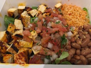 Marinated Tofu Bowl with Pinto Beans and Rice (vegan) at Papalote in San Francisco