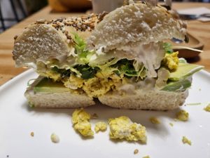 Breakfast bagel at NEØ Coffee House in Barcelona