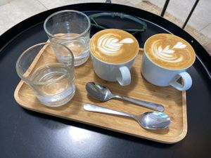Flat whites with oat mylk! at NEØ Coffee House in Barcelona