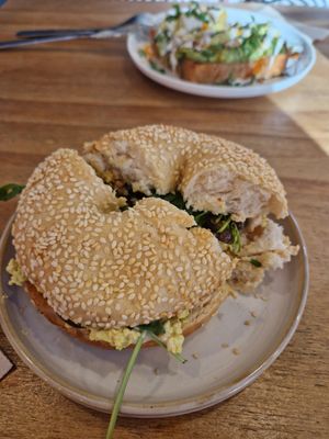 Filled bagel at NEØ Coffee House in Barcelona
