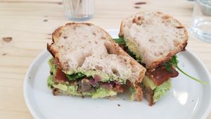 Sandwich (veg bacon, avocado, mushroom, onion, rocket) at NEØ Coffee House in Barcelona