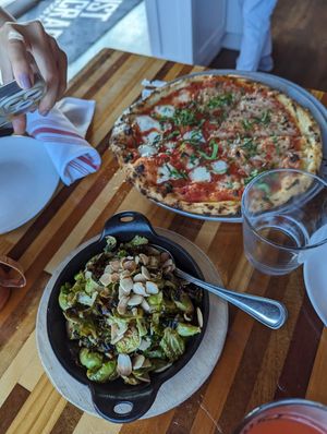 Brussel sprouts, half vegan cheese pizza at Crust & Craft in Rehoboth Beach