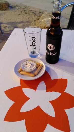 Fritz cola with vegan alioli which they bring for free in the beginning at Zahara Natural in Zahara De Los Atunes