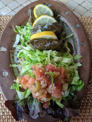 Warakarish. Hojas de parras rellenas de arroz especiado y ensalada marroquí at El Jardin del Califa in Vejer De La Frontera