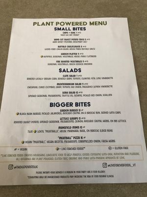 Vegan menu  at Deep End in Stowe