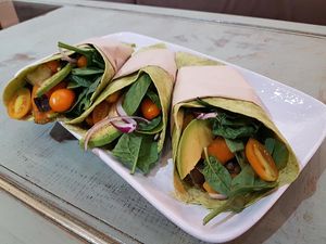 Maple fried mushroom, avocado, rocket pesto, and salad wraps at Shroom Cafe in Denmark