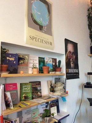 Books to read, browse or buy at cafe Veza at VeZa in Belgrade