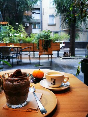 Chocolate peanut butter chia pudding and acorn coffee with hazelnut milk :) at VeZa in Belgrade