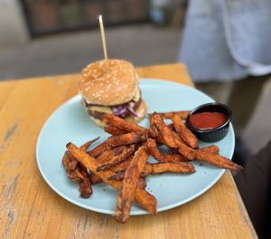 Burger and sweet potato friess  at VeZa in Belgrade
