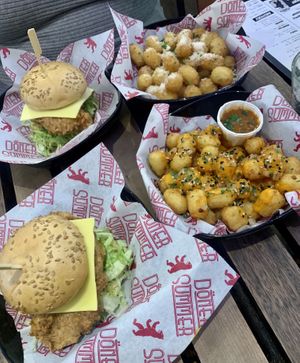 What’s garlic in french burger, animal tots and garlic Parmesan tots   at Döner Summer in Leeds