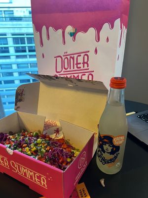 Vegan kebab with garlic and chilli so good washing it down with a ginger ale  at Döner Summer in Leeds