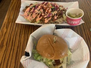 Philly bbq burger with chick’n and berlin doner kebab with flatbread    at Döner Summer in Leeds