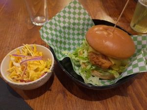 "What's garlic in french" chicken burger with a side of creamy slaw at Döner Summer in Leeds
