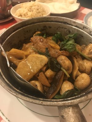 Veggie duck with basil and ginger in hot pot at Yuan Fu in Rockville