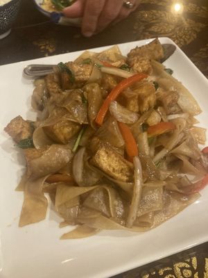 Drunken noodles with tofu and no egg; staff seemed very knowledgeable about how to make this dish vegan.   at The Basil in Carson City