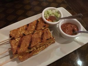 Tofu satay with almond butter sauce. Tasty!  at The Basil in Carson City