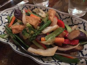 “Spicy” eggplant. Lots of veggies, but bland.  at The Basil in Carson City