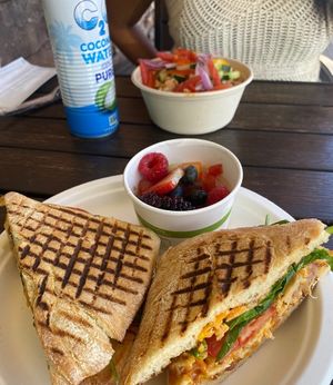 This pic was taken a few weeks ago but here’s to my new account on here😄Amazing food, quality taste, and nice area. Highly recommend! I ordered the “chicken” panini.  #Veg at Earthtone Natural Kitchen & Market in Glendora