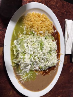 One mushroom, one cactus, one poblano enchilada with a taste of both of sauces. Unbelievably delicious.   at SoyMexican in Las Vegas