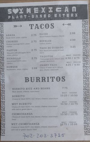 Menu and prices at SoyMexican in Las Vegas