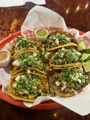 6 tacos. Al pastor on left, asada on right  at SoyMexican in Las Vegas