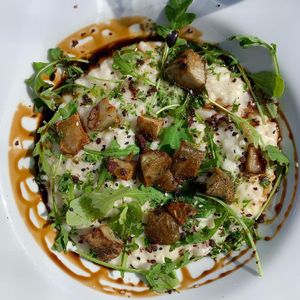 Vegan Jerusalem artichoke risotto. at Cafe Bar Valimo in Helsinki