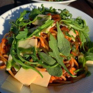 Vegan spaghetti Bolognese. at Cafe Bar Valimo in Helsinki