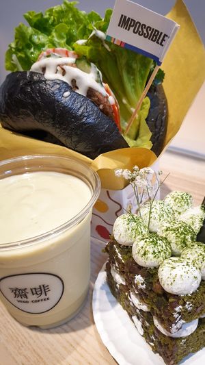 The impossible sausage and cheese on a charcoal bagel definitely hit the spot. at Vego Coffee 齋啡 in Kowloon