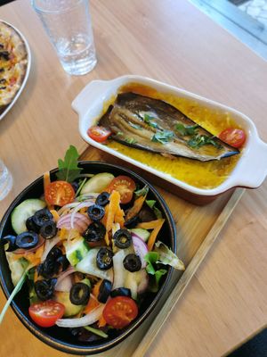 Vegan moussaka served with salad at Nazari in Budens