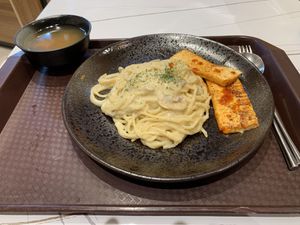 Truffle spaghetti in white sauce with tofu steak and soup  at Loving Hut 愛家 - Tseuk Luk in Kowloon